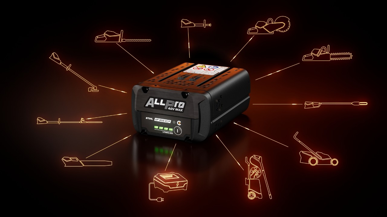 STIHL ALLPRO AP 300.0 P C Μπαταρία, πλαισιωμένη από διάφορα εικονίδια κατηγοριών συμβατών προϊόντων